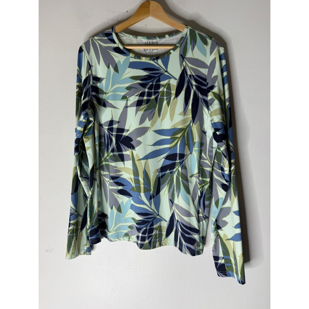 Hang Ten Womens‎ large Swim Blouse Shirt Top Blue Leaves Knit Stretch